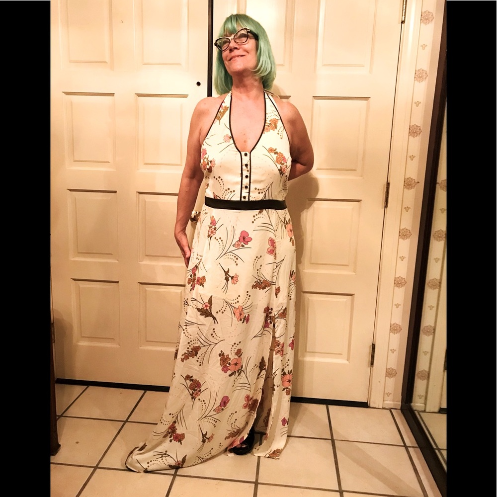 Ladies long floral and creme halter dress, size 22